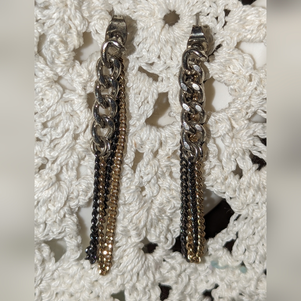 Unique two toned blue and gold and silver multi strand dangle earrings